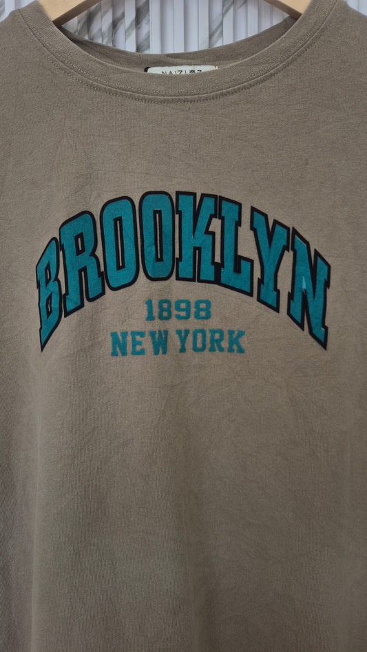 Beige Brooklyn Varsity Print Cotton T-Shirt