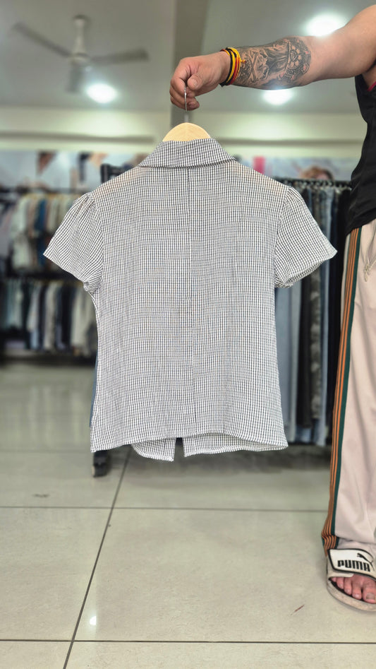 Women's Black and White Gingham Short Sleeve Button-Down Shirt