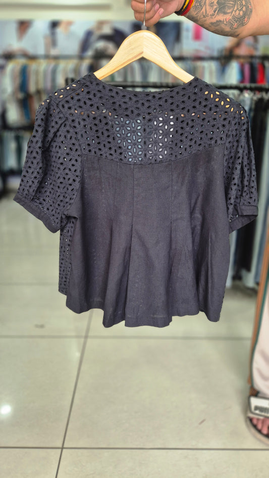 Women's Black Eyelet Embroidered Short Sleeve Shirt