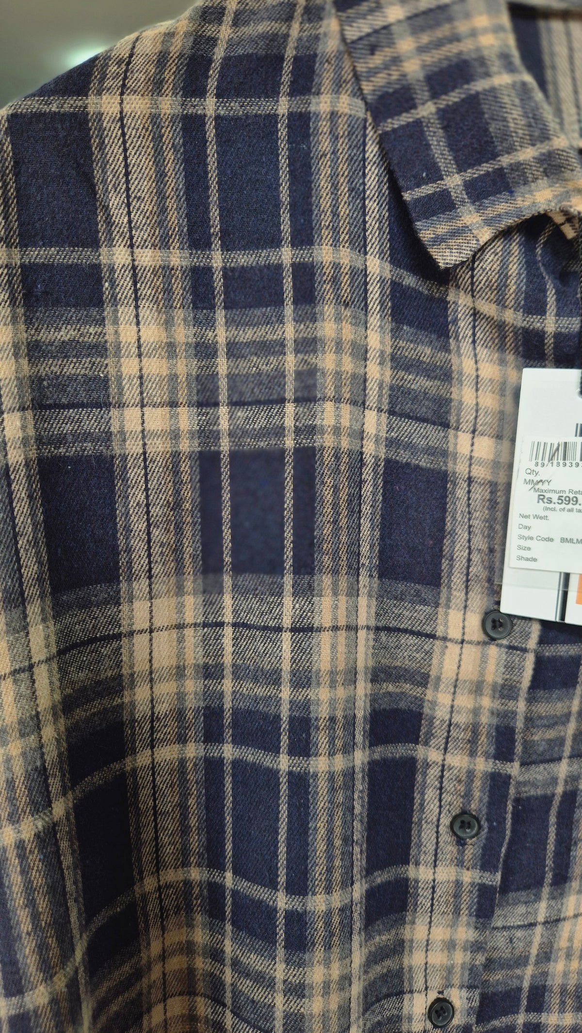 Women's Navy and Beige Plaid Long Sleeve Flannel Shirt