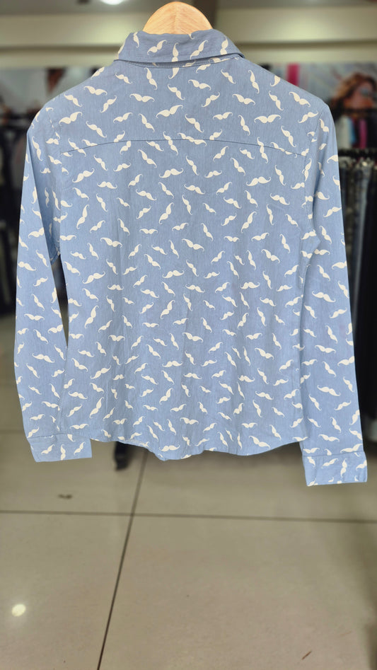 Women's Light Blue Mustache Print Long Sleeve Button-Down Shirt