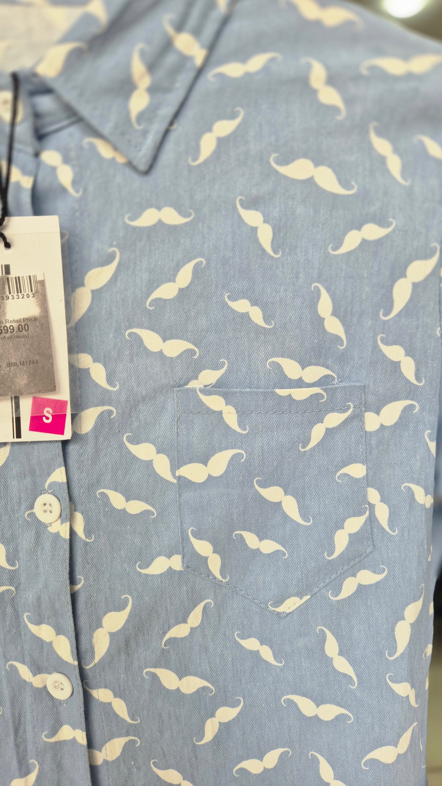 Women's Light Blue Mustache Print Long Sleeve Button-Down Shirt