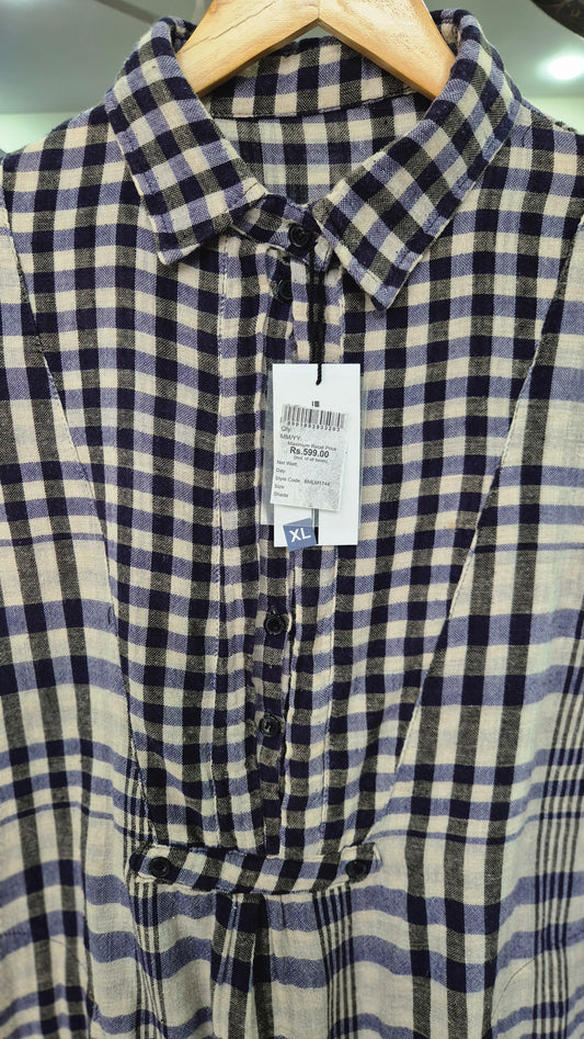 Women's Navy and White Plaid Check Long Sleeve Shirt
