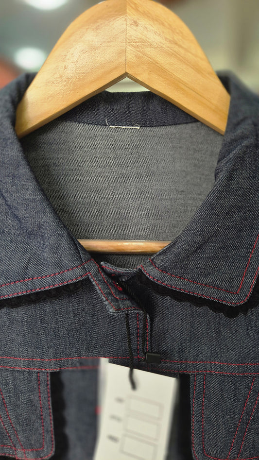 Women's Dark Wash Denim Short Sleeve Shirt with Contrast Stitching