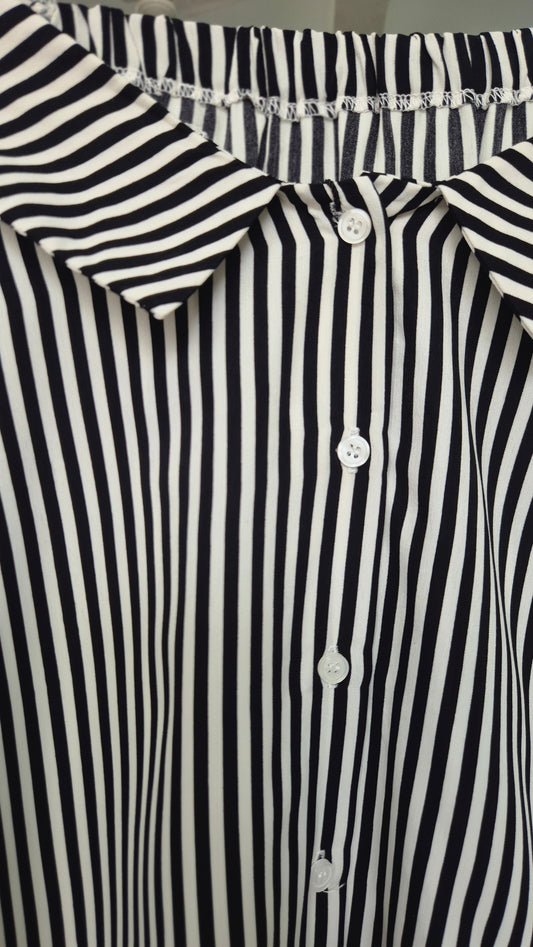 Women's Black and White Striped Off-Shoulder Button-Down Shirt