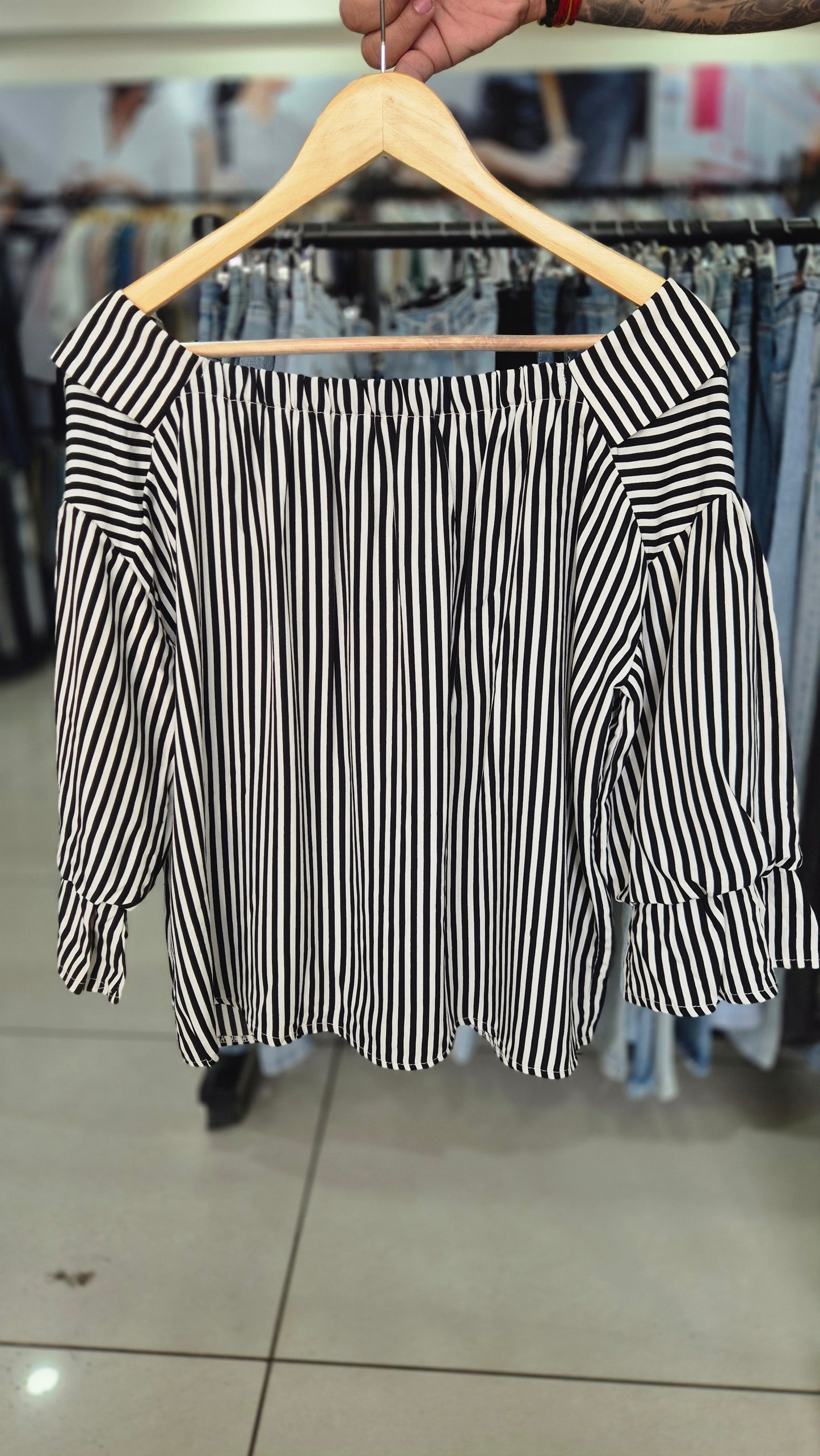 Women's Black and White Striped Off-Shoulder Button-Down Shirt