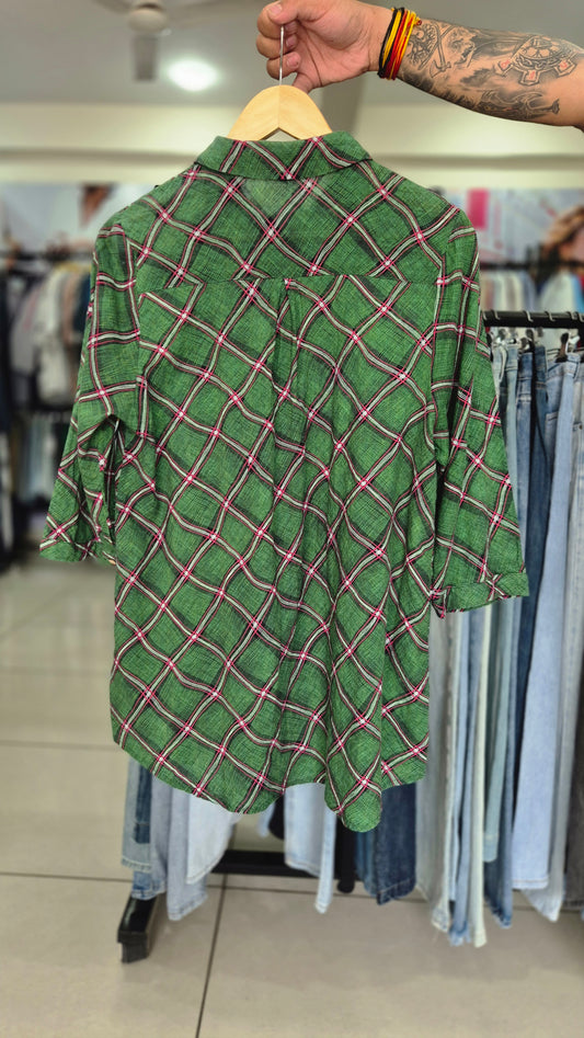 Women's Green Plaid Diagonal-Grid Long Sleeve Shirt