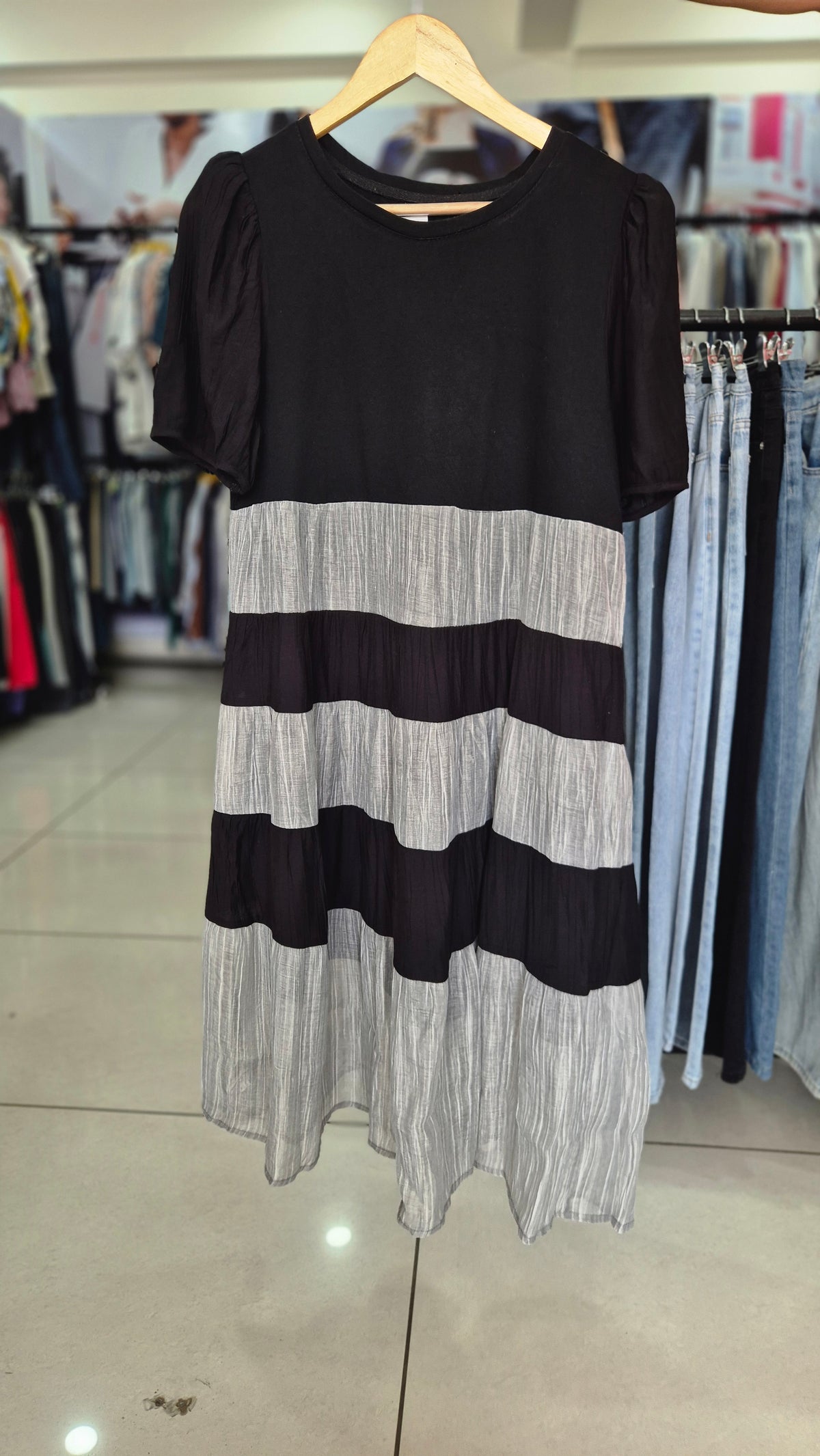 Black & Grey Tiered Mesh Mini Dress