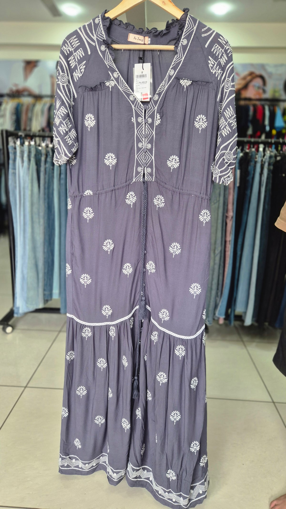 Slate Grey Bohemian Embroidered Tiered Maxi Dress