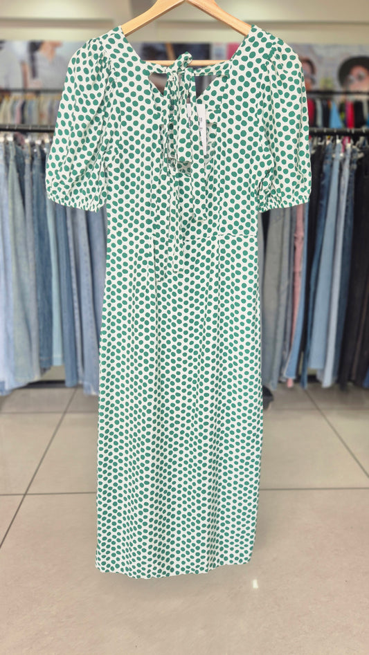 Green Polka Dot V-Neck Midi Dress with Puff Sleeves