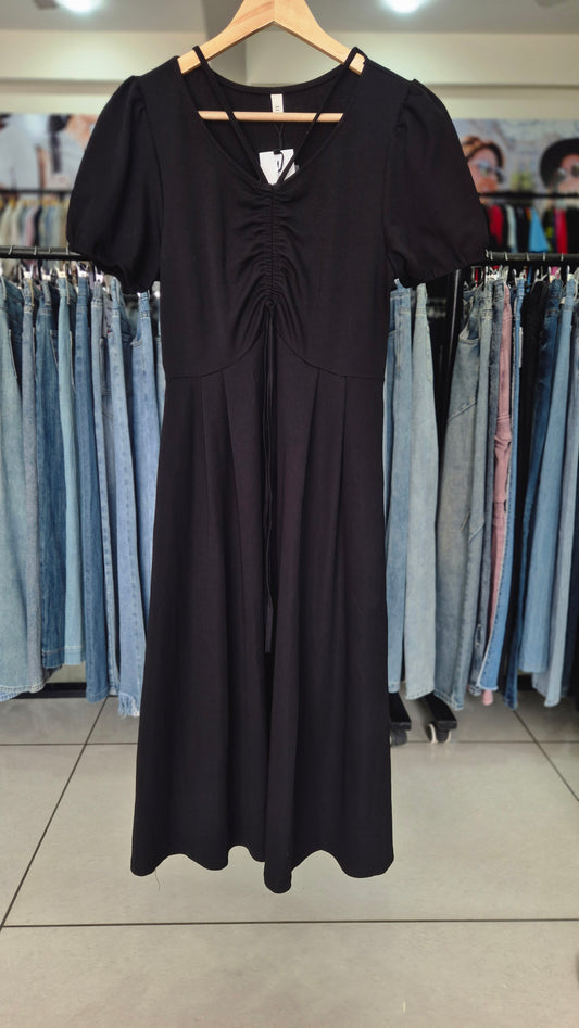 Black Ruched V-Neck Midi Dress with Puff Sleeves