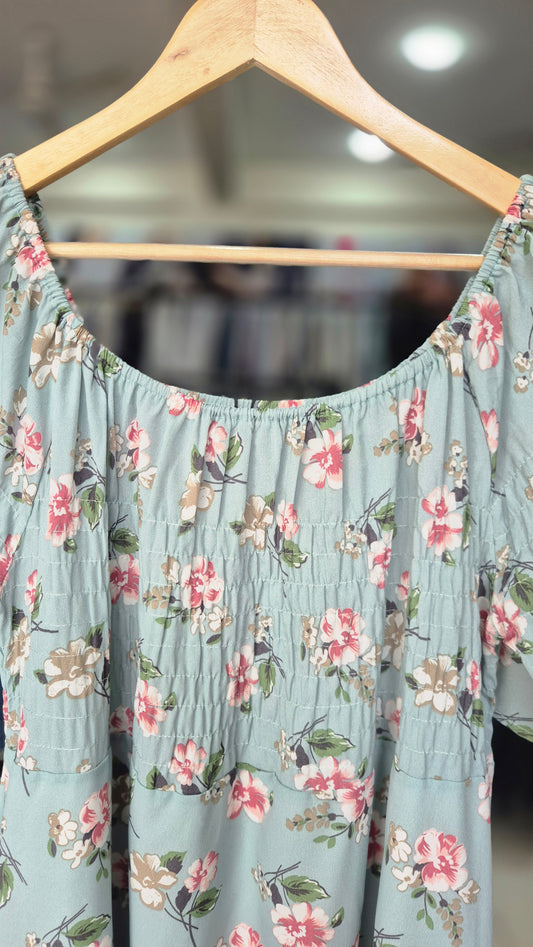 Light Blue Floral Smocked Midi Dress with Flutter Sleeves