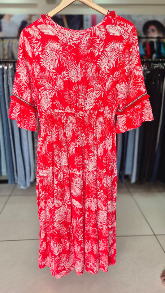Red Tropical Leaf Print Smocked Midi Dress with Embroidery
