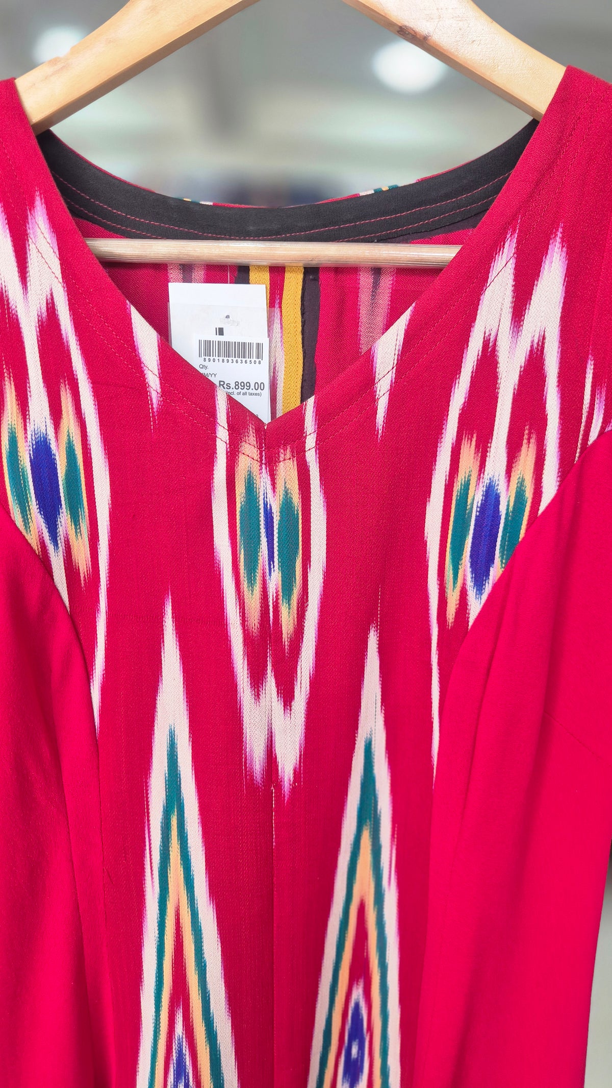 Vibrant Red Ikat Print A-Line V-Neck Dress