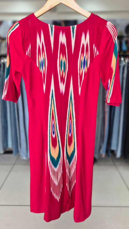 Vibrant Red Ikat Print A-Line V-Neck Dress