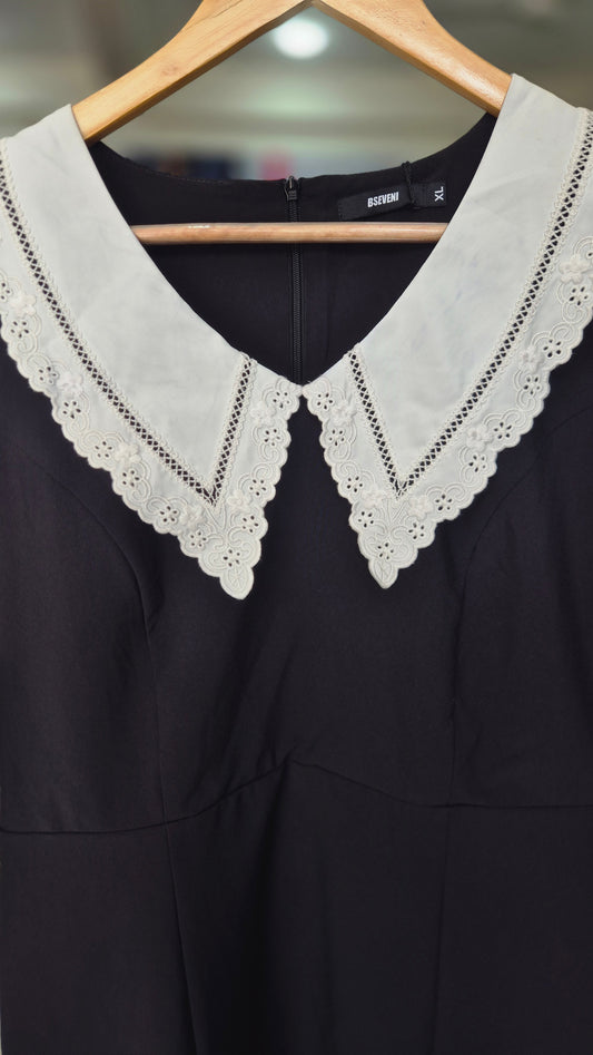 Women's Black Mini Dress with White Lace Contrast Collar
