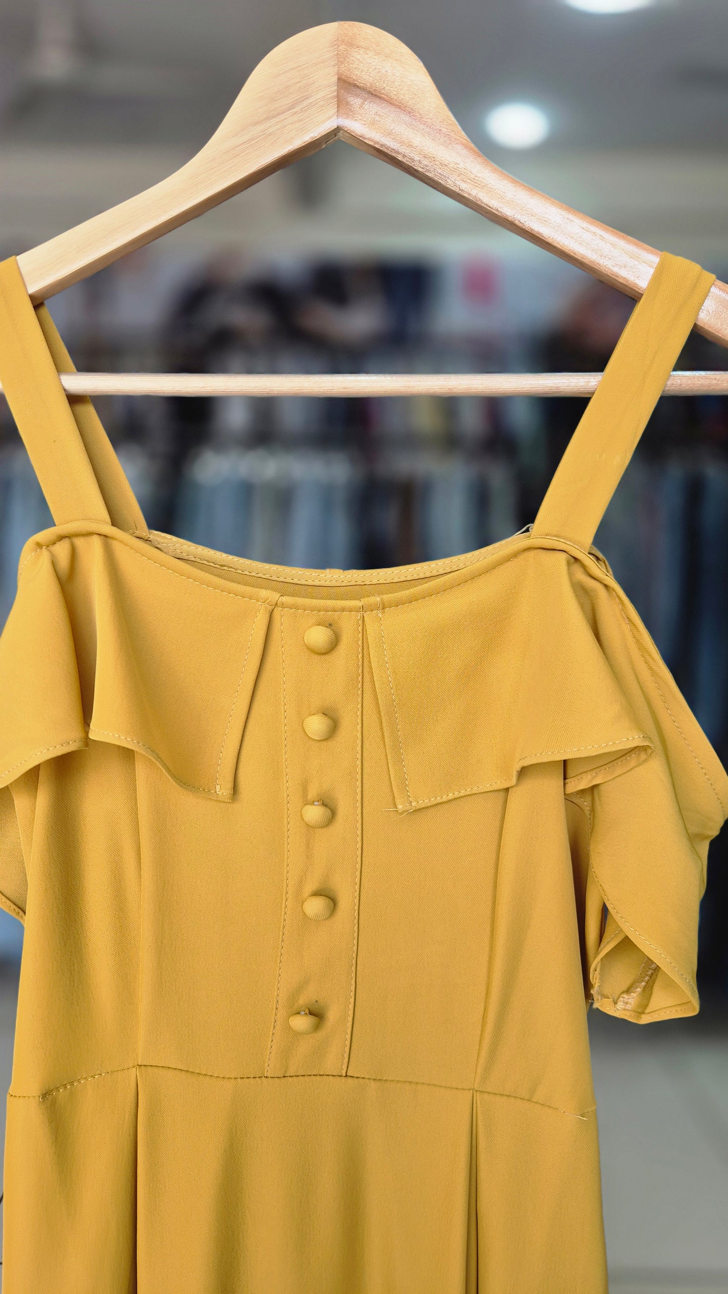 Mustard Yellow Cold Shoulder Button-Front Midi Dress