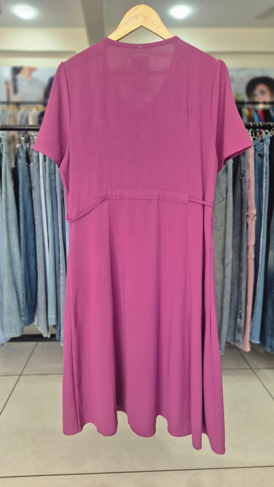 Magenta Short Sleeve A-Line Dress with Pockets and Tie Waist