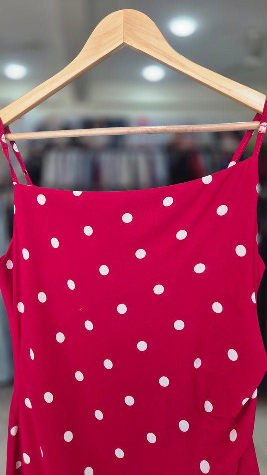 Red and White Polka Dot Ruched Midi Slip Dress