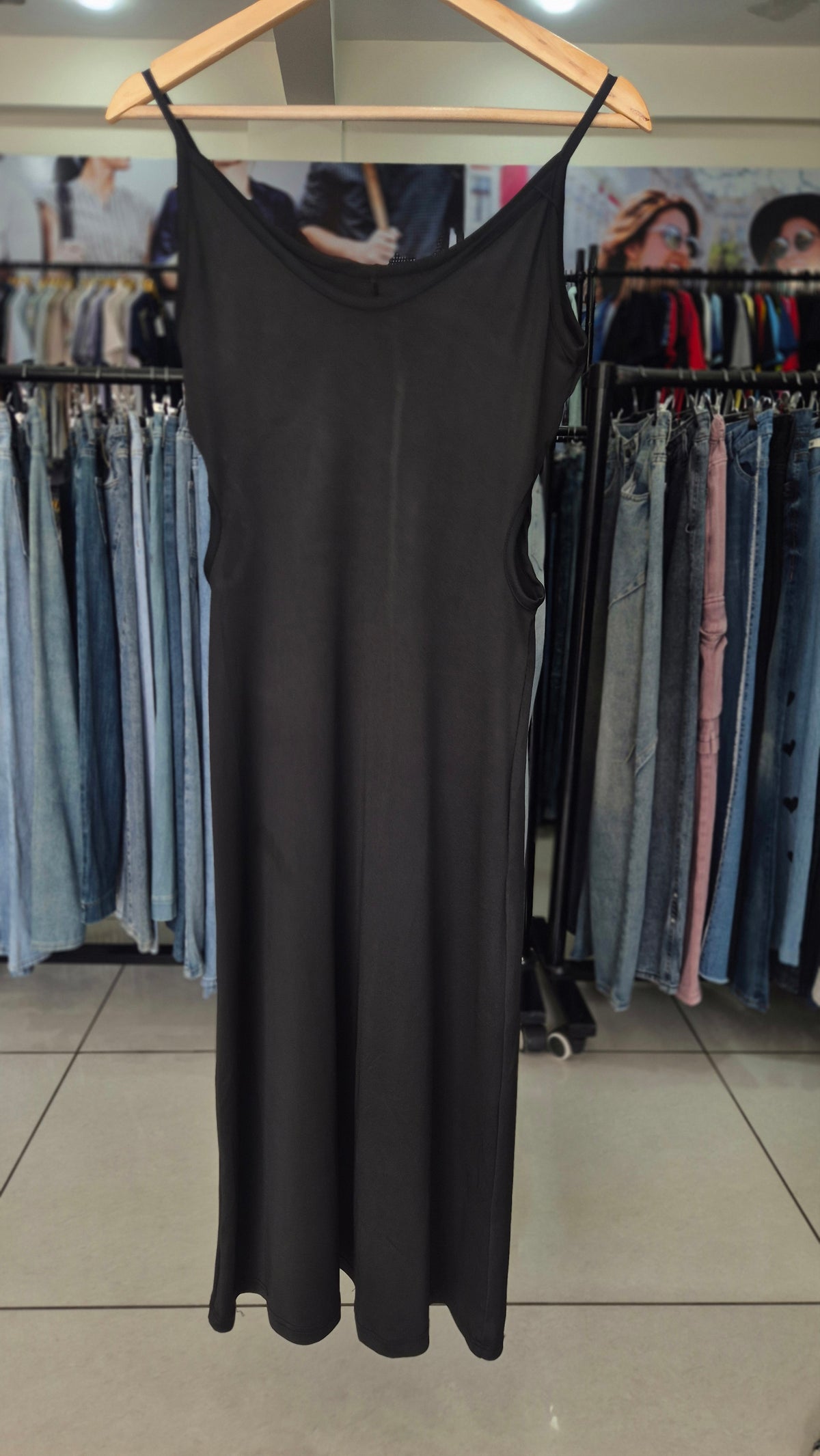 Black Spaghetti Strap Side Cutout Midi Dress