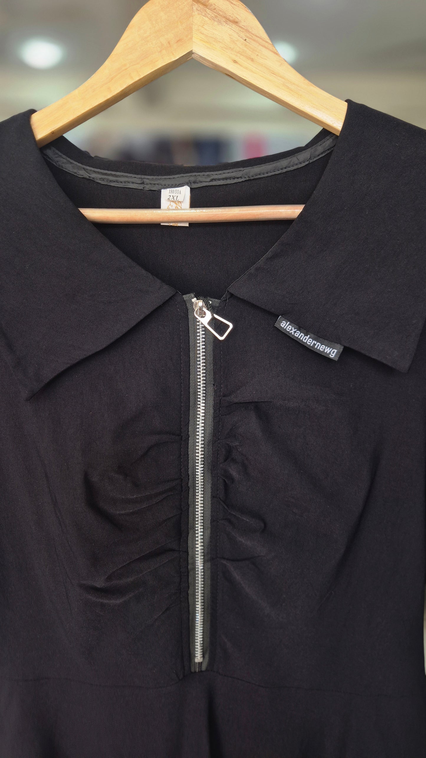 Black Short Sleeve Zip-Front Skater Dress with Sailor Collar