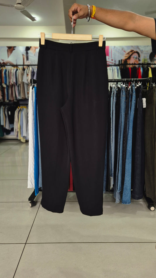 Black High-Waisted Pleated Tapered Trousers