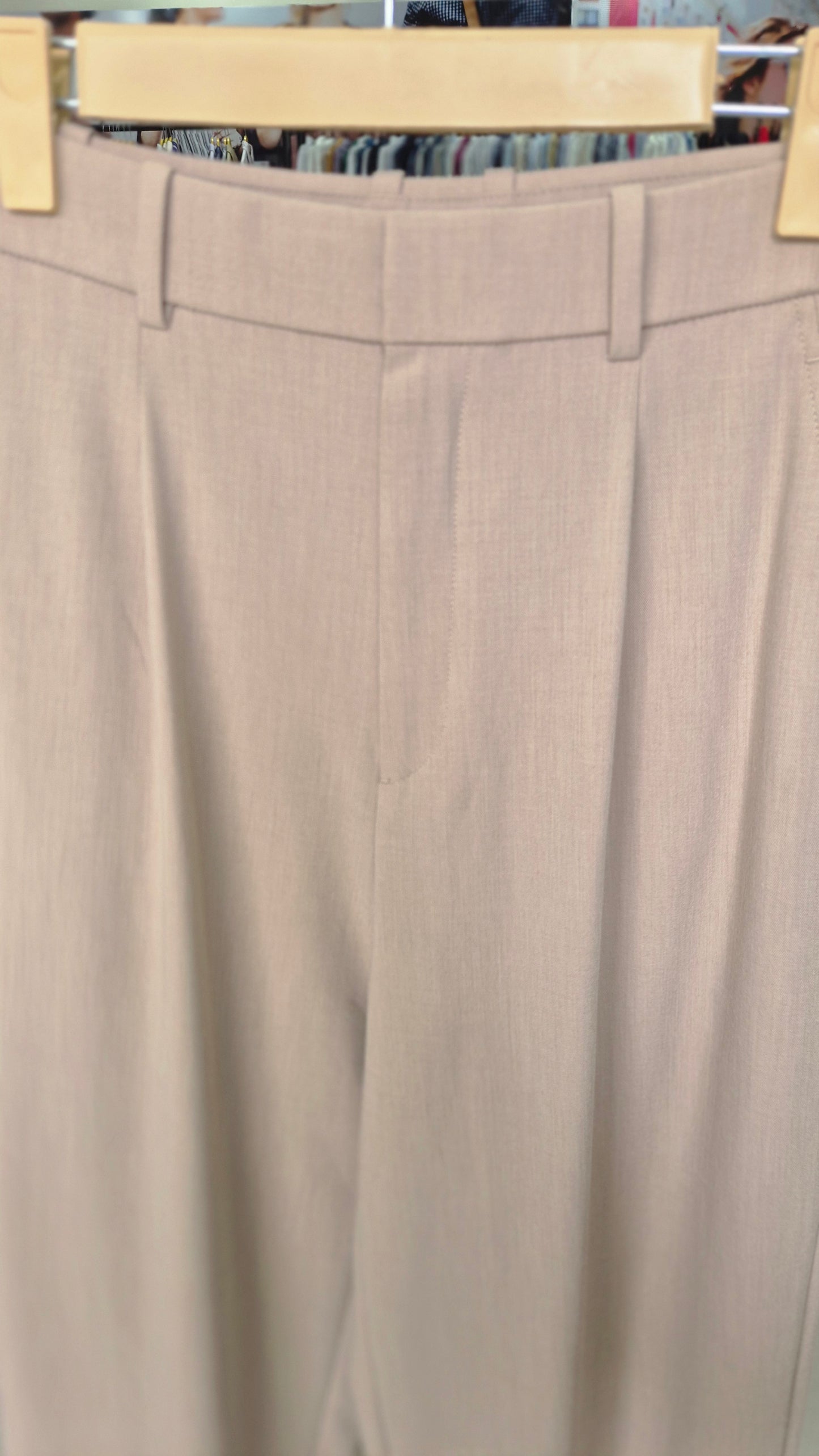 Beige High-Waisted Wide Leg Pleated Trousers