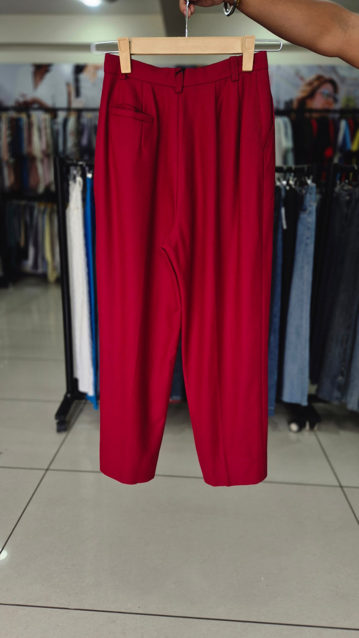 Vibrant Red High-Waisted Pleated Tapered Trousers