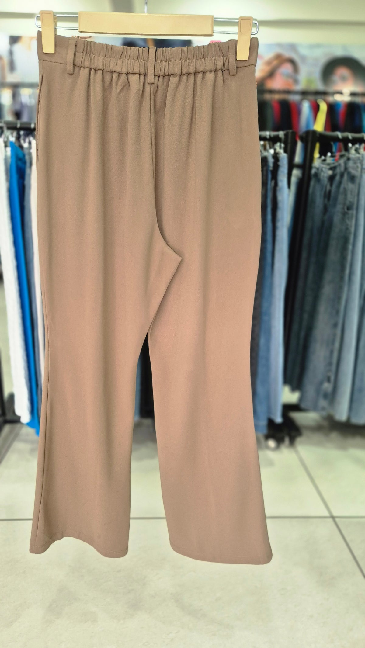Taupe Elastic-Back Front Seam Flared Trousers