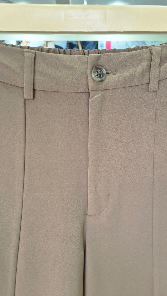 Taupe Elastic-Back Front Seam Flared Trousers