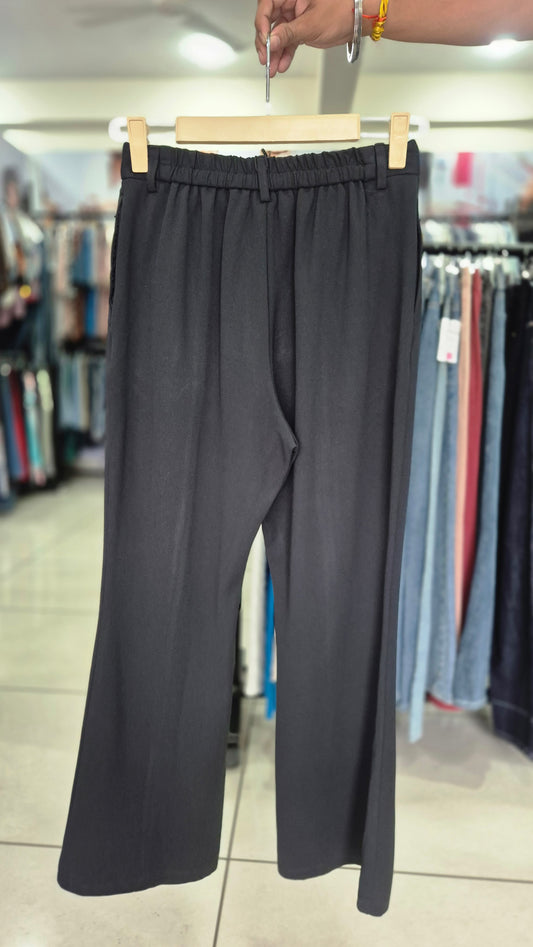 Black Elastic-Back Front Seam Flared Trousers