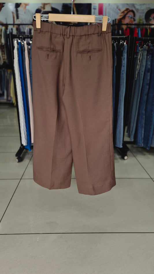 Mocha Brown Wide Leg Cropped Trousers with Elastic Back