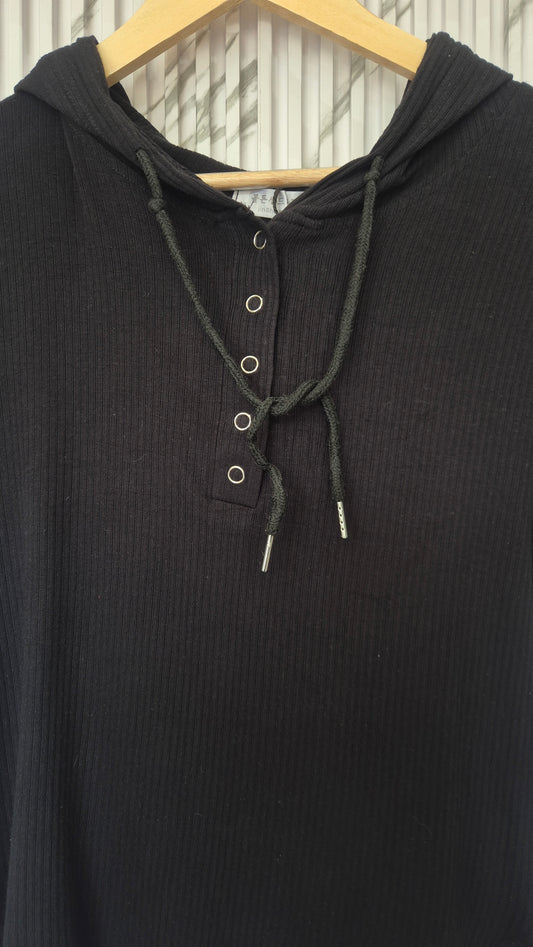Black Ribbed Hooded Short Sleeve Top
