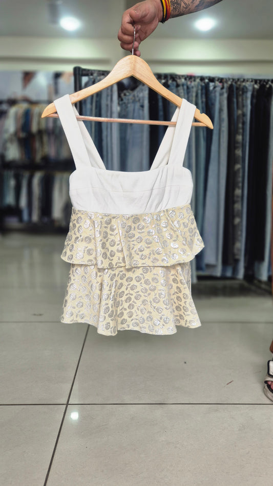 Women's Two-Tiered Ruffle Shirt with Silver Rose Brocade