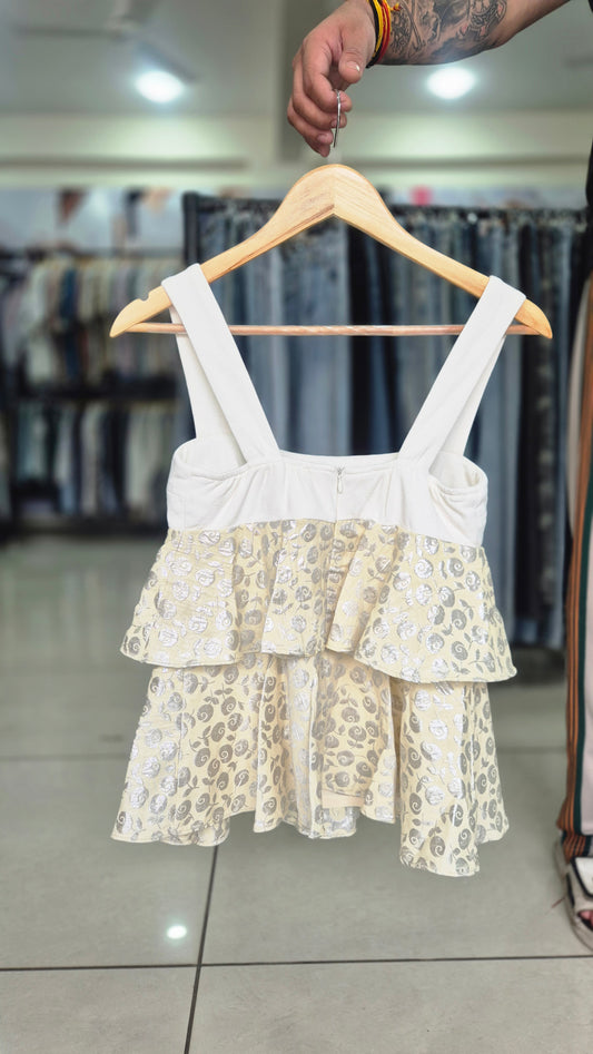 Women's Two-Tiered Ruffle Shirt with Silver Rose Brocade