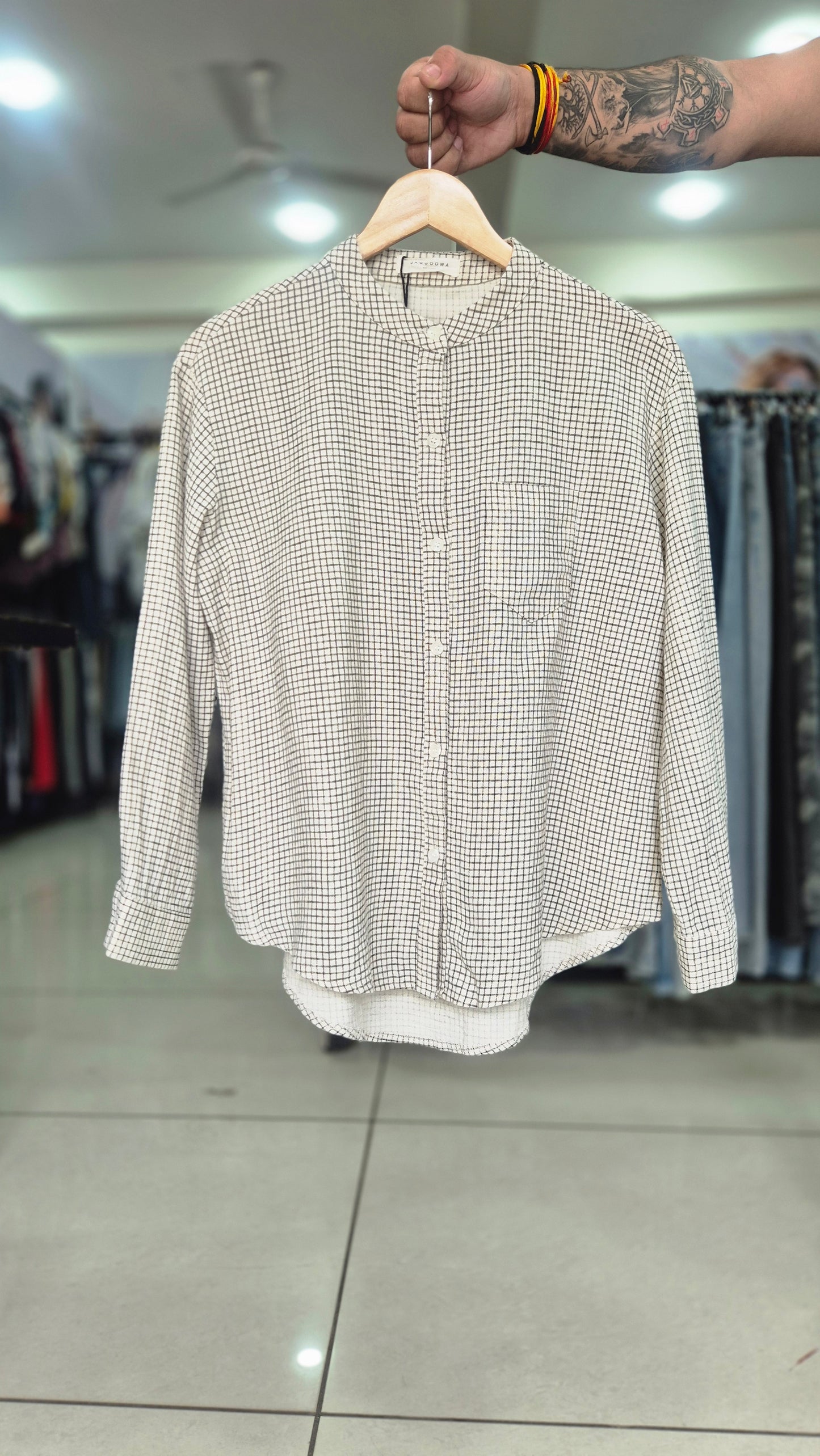 JAGGOOWA Check Pattern Band Collar Long Sleeve Shirt