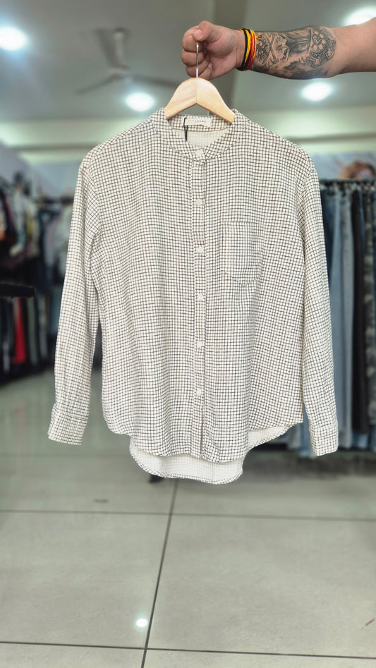 JAGGOOWA Check Pattern Band Collar Long Sleeve Shirt