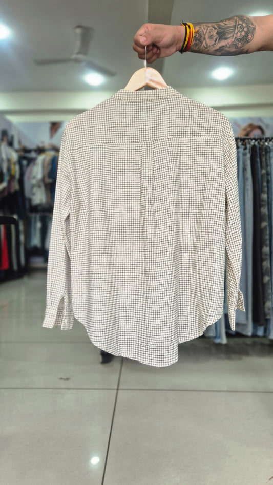 JAGGOOWA Check Pattern Band Collar Long Sleeve Shirt