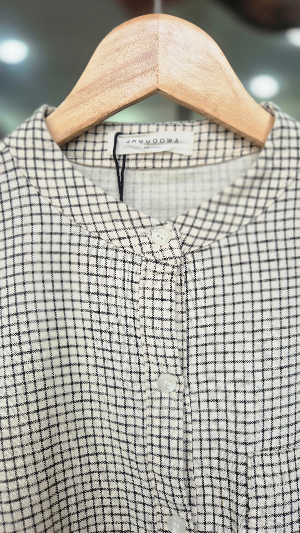 JAGGOOWA Check Pattern Band Collar Long Sleeve Shirt