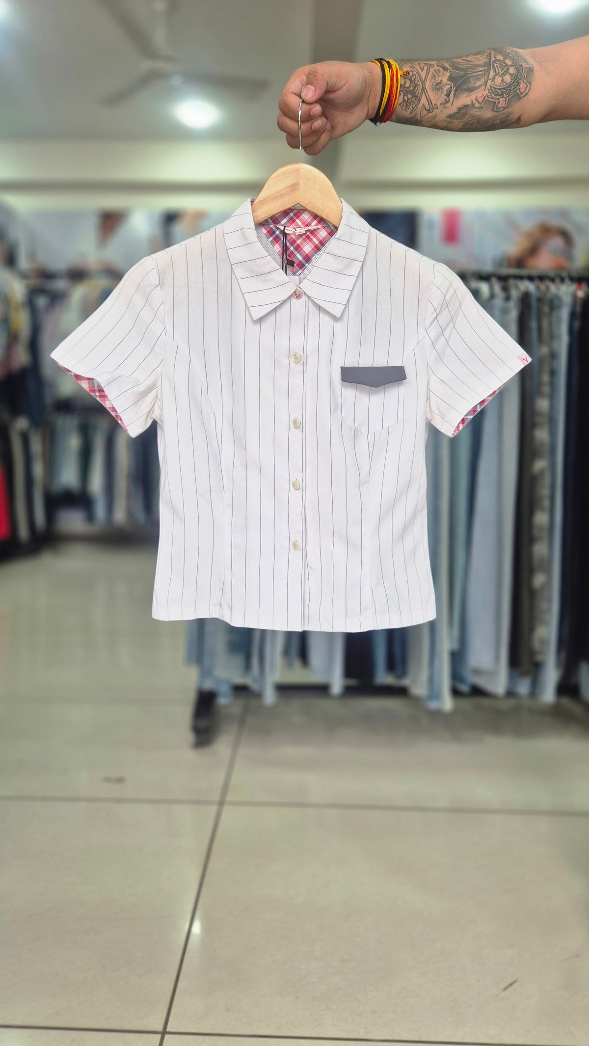 Tailored Pinstripe Shirt with Contrast Pocket and Plaid Accents
