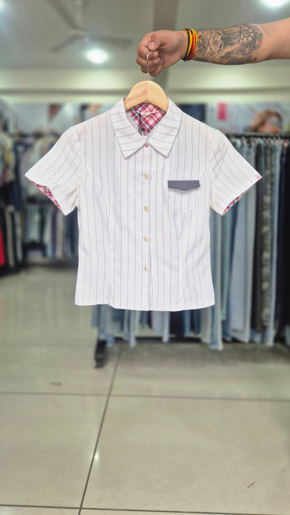 Tailored Pinstripe Shirt with Contrast Pocket and Plaid Accents