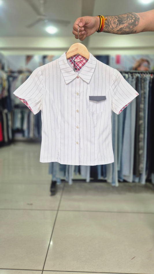 Tailored Pinstripe Shirt with Contrast Pocket and Plaid Accents