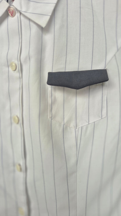 Tailored Pinstripe Shirt with Contrast Pocket and Plaid Accents