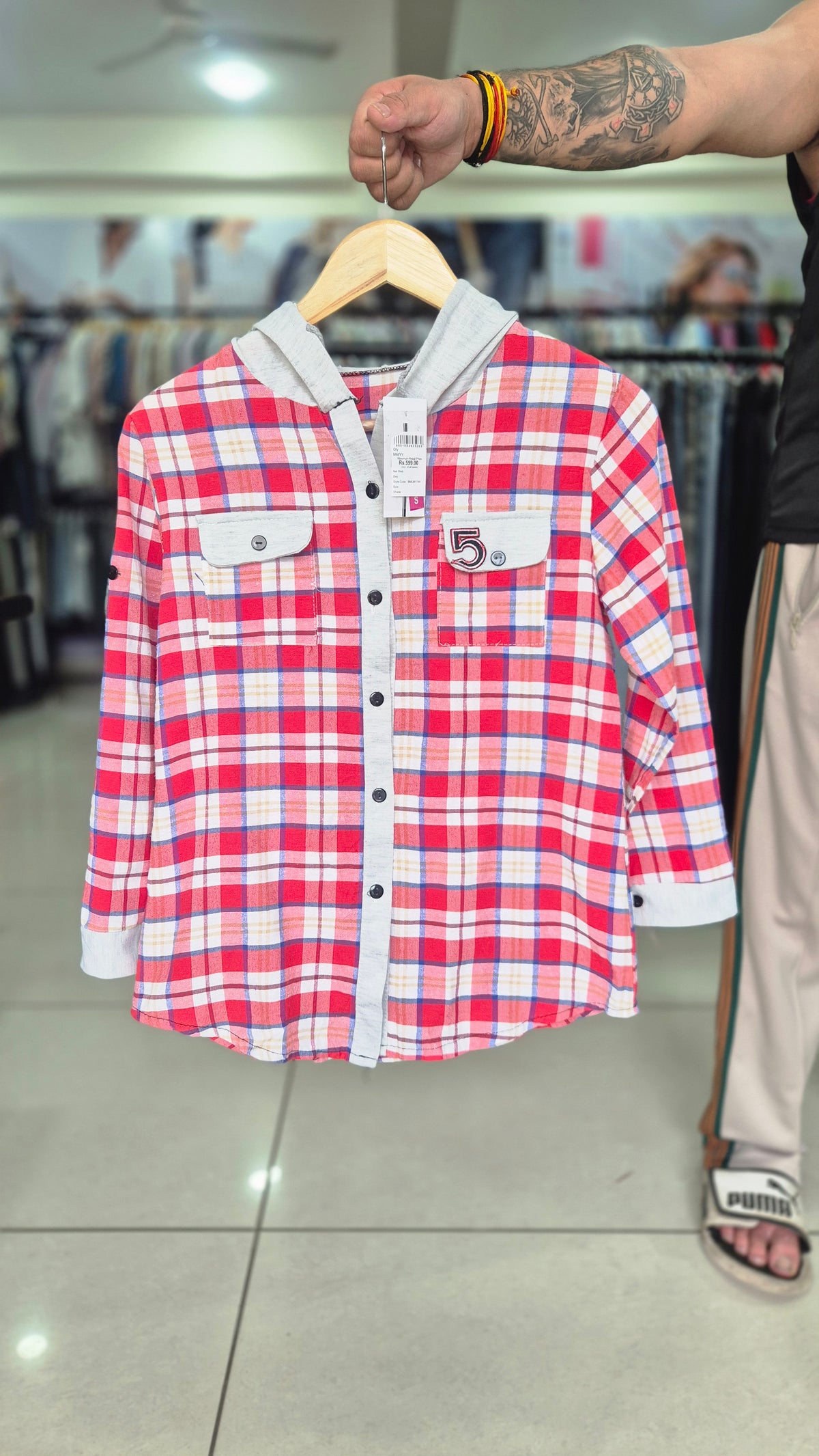 Women's Red Plaid Button-Down Shirt with Attached Hoodie