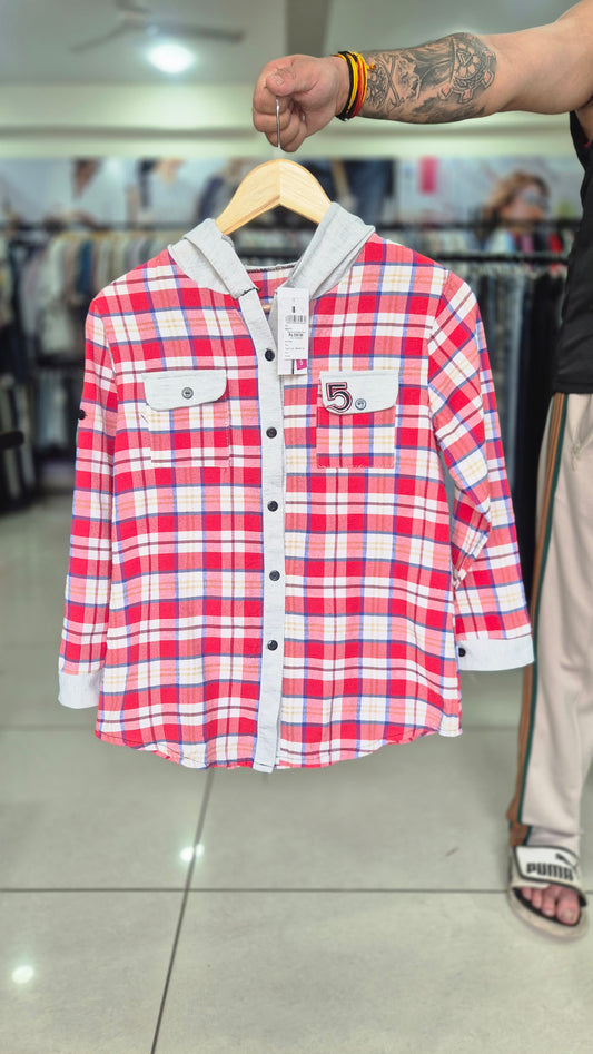 Women's Red Plaid Button-Down Shirt with Attached Hoodie
