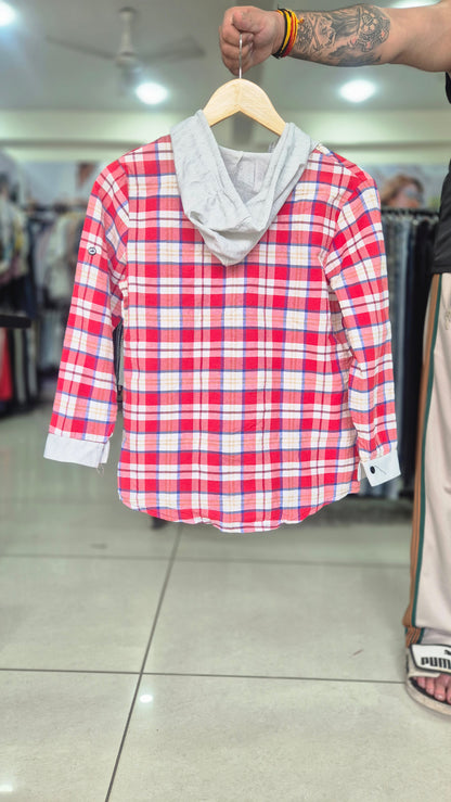 Women's Red Plaid Button-Down Shirt with Attached Hoodie