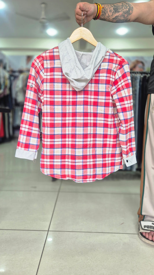 Women's Red Plaid Button-Down Shirt with Attached Hoodie