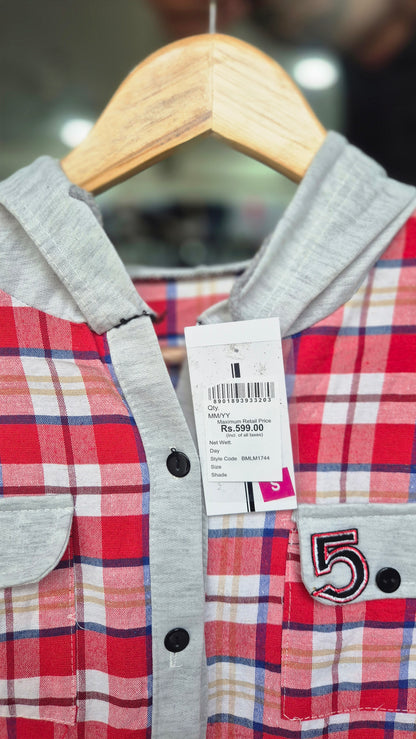 Women's Red Plaid Button-Down Shirt with Attached Hoodie