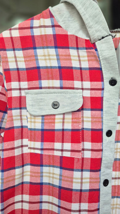 Women's Red Plaid Button-Down Shirt with Attached Hoodie