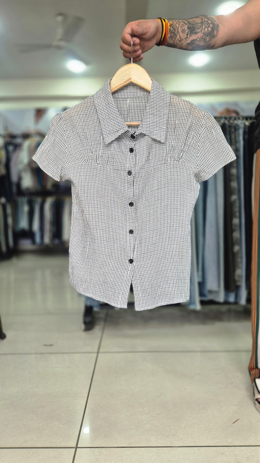 Women's Black and White Gingham Short Sleeve Button-Down Shirt